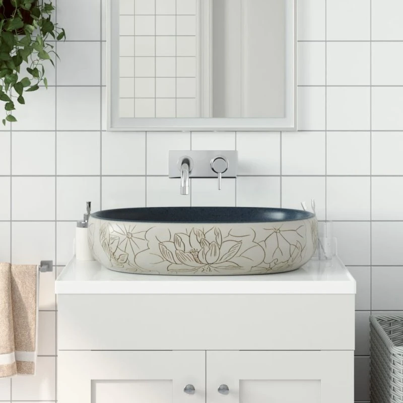 vidaXL Håndvask til bordplade 59x40x14 cm oval keramik sand/blå