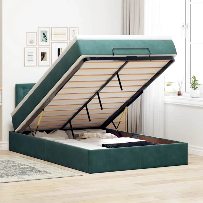 vidaXL ottoman seng 120x190cm fløjl mørkegrøn med madras & LEDs
