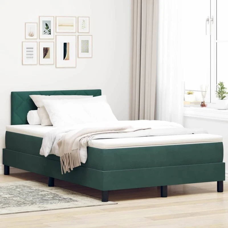 vidaXL LED Box Spring Seng 120 x 190 cm Mørkegrøn Fløjl