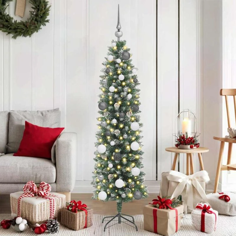 vidaXL Kunstigt slankt juletræ 150 cm Grøn/Hvid med 150 LED'er