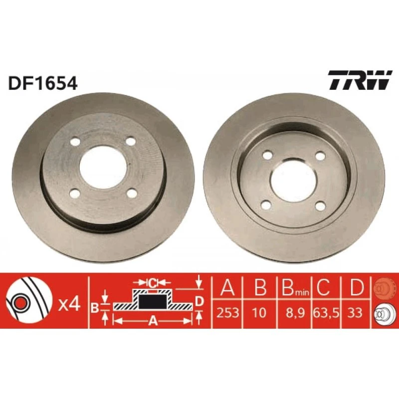 TRW DF1654 Bremseskive, Sort, 253 mm, Til Ford Fiesta, Focus, Scorpio