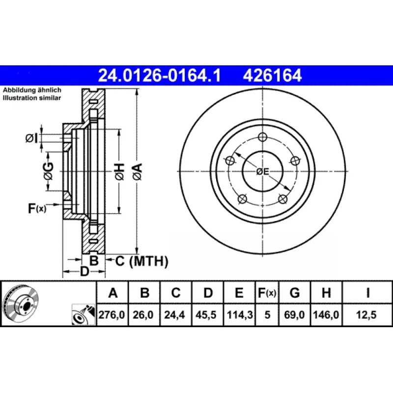 ATE Bremseskive 24.0126-0164.1 for Mitsubishi Lancer VII/VIII