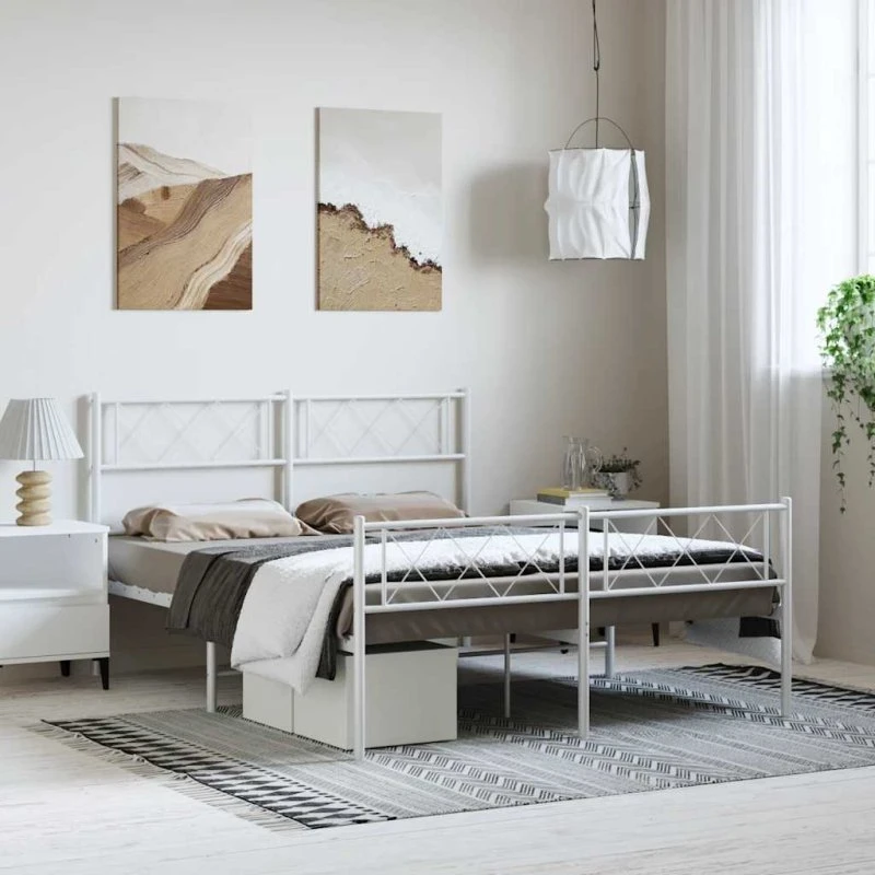 vidaXL Sengeramme 150x200 cm Metal Hvid med Sengegavl og Fodgærde