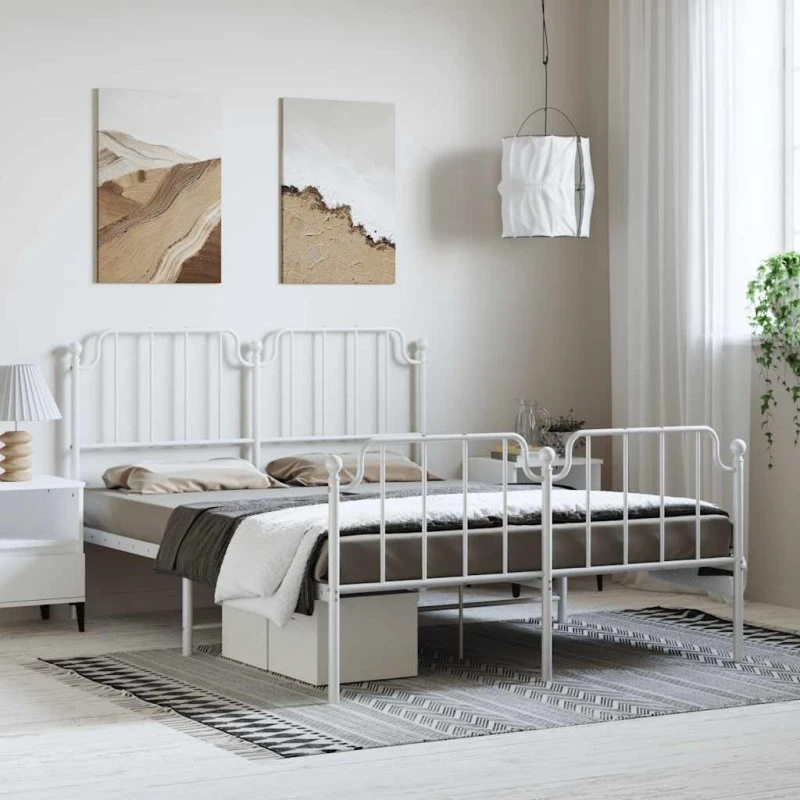 vidaXL Sengeramme 150x200 cm metal hvid med sengegavl og fodgærde