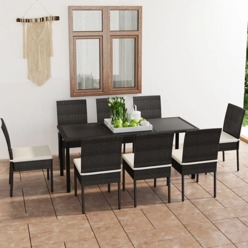 vidaXL 9-delers spisebordssæt med polyrattan, sort
