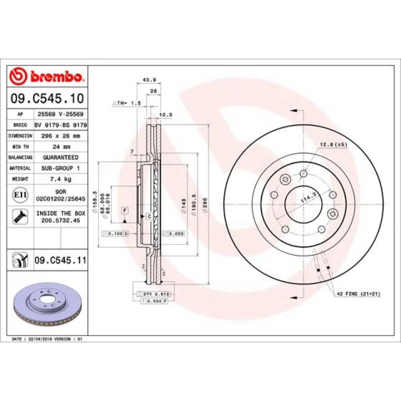 Brembo Bremseskive 09.C545.11, indvendigt ventileret, 26 mm