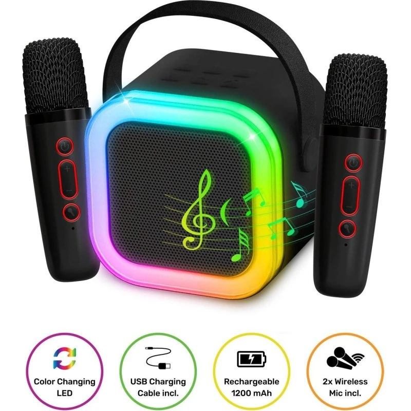 PartyFun Karaoke-højttaler med LED-lys og 2 trådløse mikrofoner