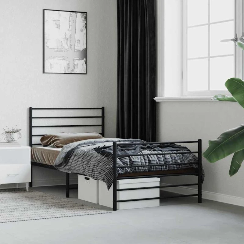 vidaXL Sengeramme 90x200 cm Metal Sort med Sengegavl og Fodgærde