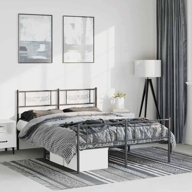 vidaXL Sengeramme 150x200 cm metal sort med sengegavl og fodgærde