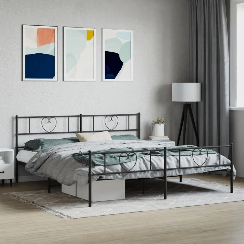 vidaXL Sengeramme 200x200 cm metal sort med gavl og fodgærde