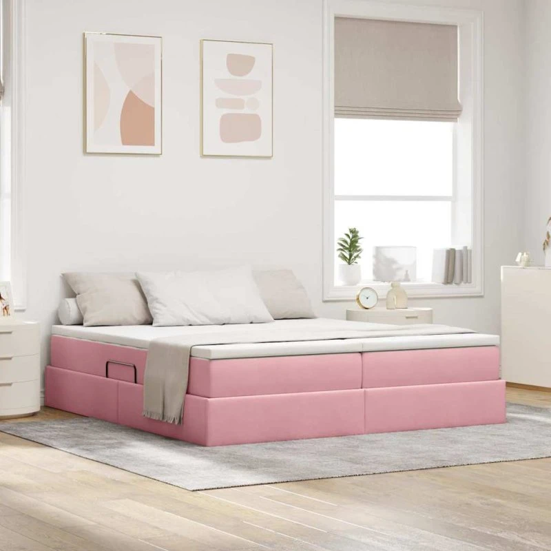 vidaXL Seng med opbevaring, Lyserød 180x200 cm, Fløjl