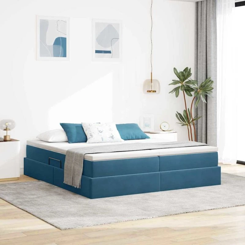 vidaXL Seng med opbevaring, 200 x 200 cm, mørk blå, fløjl