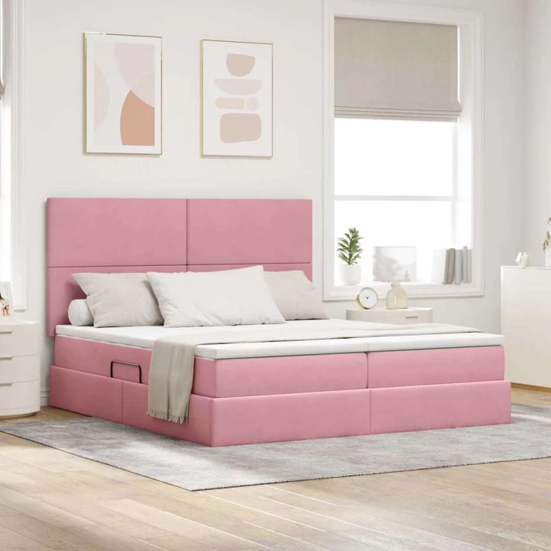 vidaXL Seng med LED-lysstrimler Lyserød 180x200 cm Fløjl