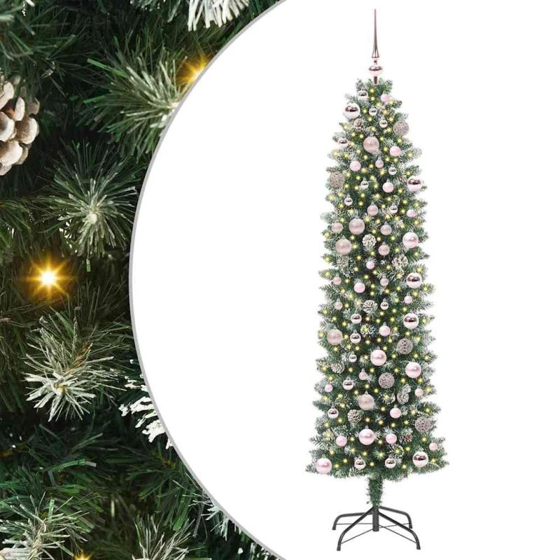 vidaXL Kunstigt Slankt Juletræ 180 cm med 300 LED'er Grøn og Hvid