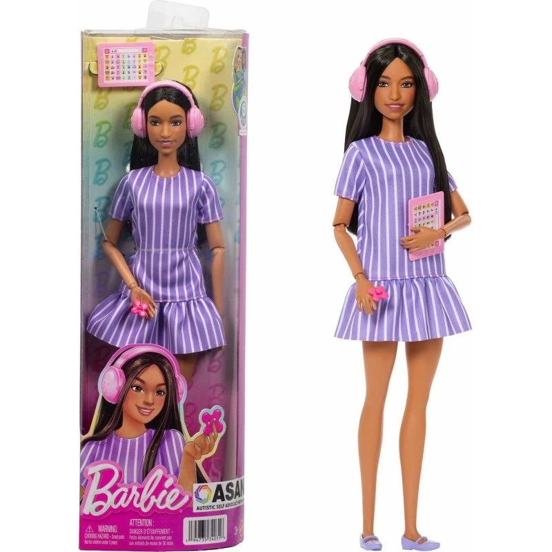 Barbie-dukke med autisme, lilla stribet kjole, fidget-legetøj