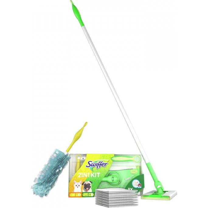 Swiffer Startkit: Rengøringsmopp + 8 torre golvdukar + dammvippa + dammvipperefill