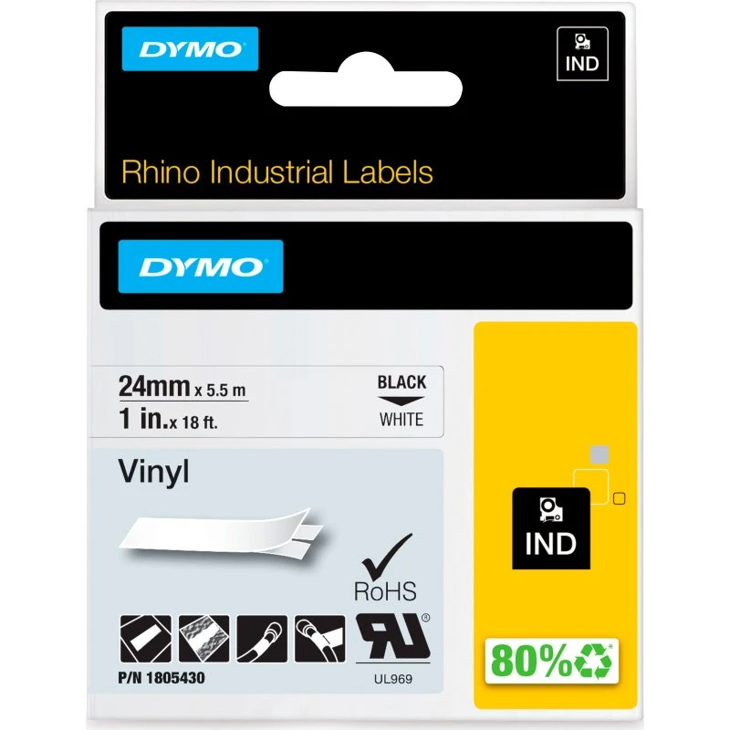 Dymo RHINO Vinyltape 24 mm, sort på hvid, 5,5 m
