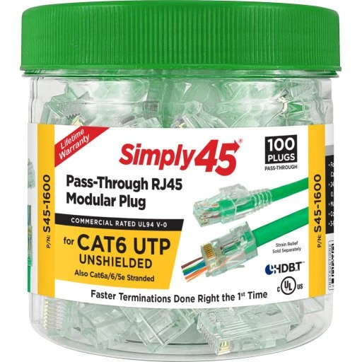 Simply45 RJ45 CAT6 Pass-Through, uskærmet, 100 stk, grøn