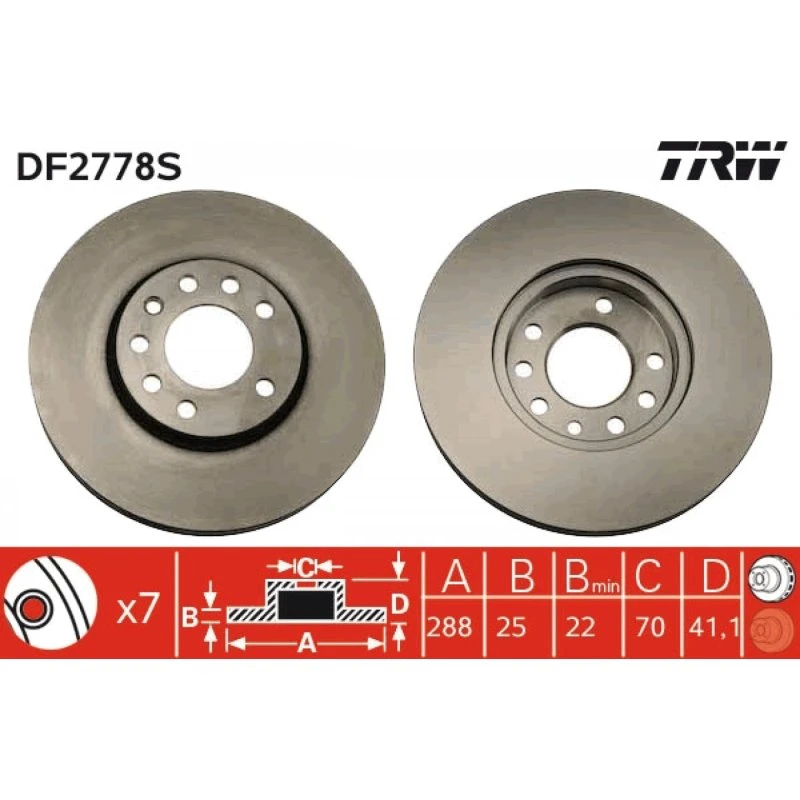 TRW DF2778S Ventileret Bremseskive, Sort, 288 mm, 7 Huller