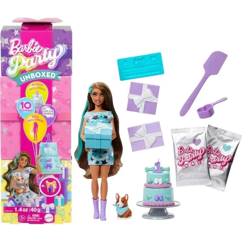 Barbie Party Unboxed Brunette - Legesæt med 10 overraskelser til fødselsdag