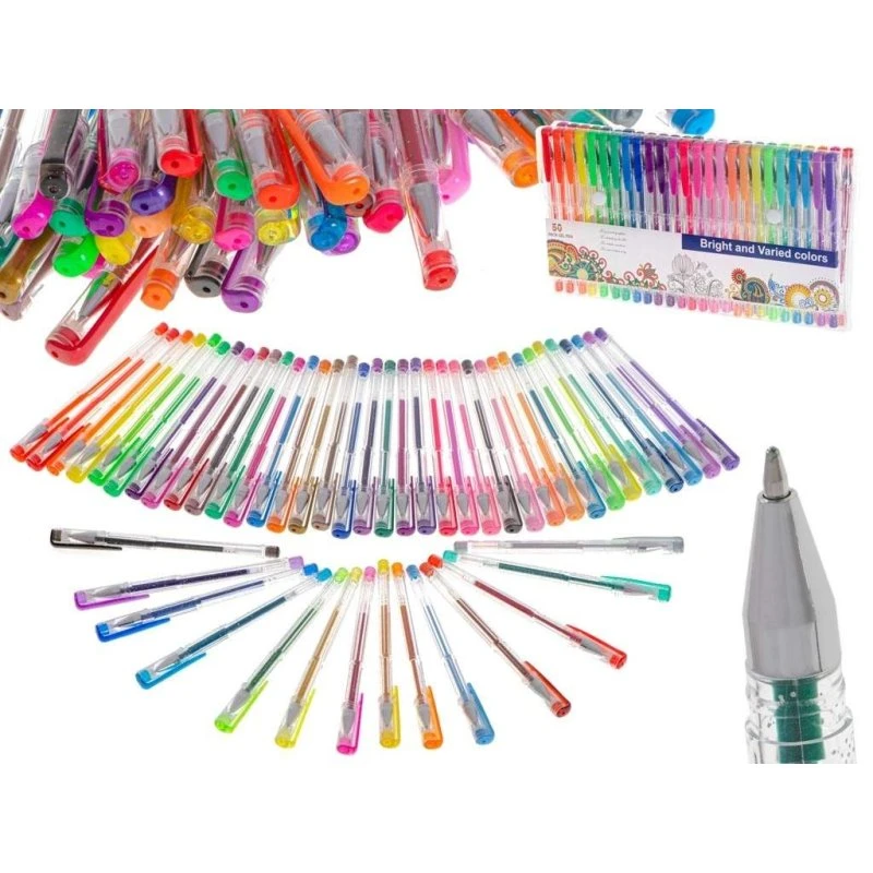 50 farvede gelpenne i plastiketui – gavesæt med glitter, metallic og pastel