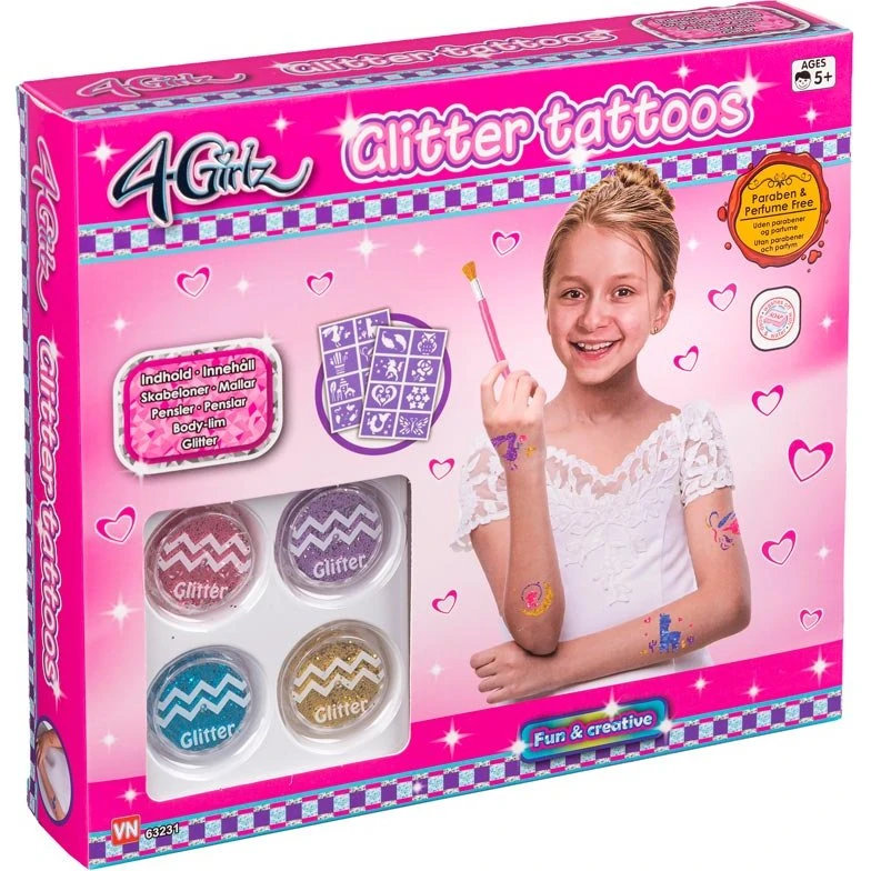 4-Girlz Glitter Tattoo Sæt – 4x Glitter, 2x Lim, 16x Skabeloner