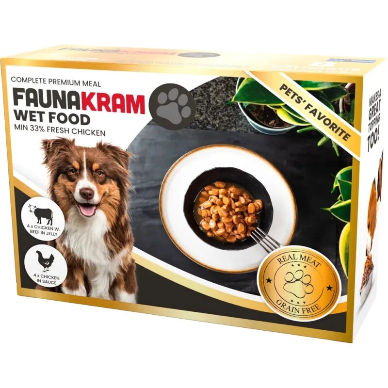 Premium menuboks hund 8 x 100 g – 4 kylling i sovs + 4 kylling/okse i gelé