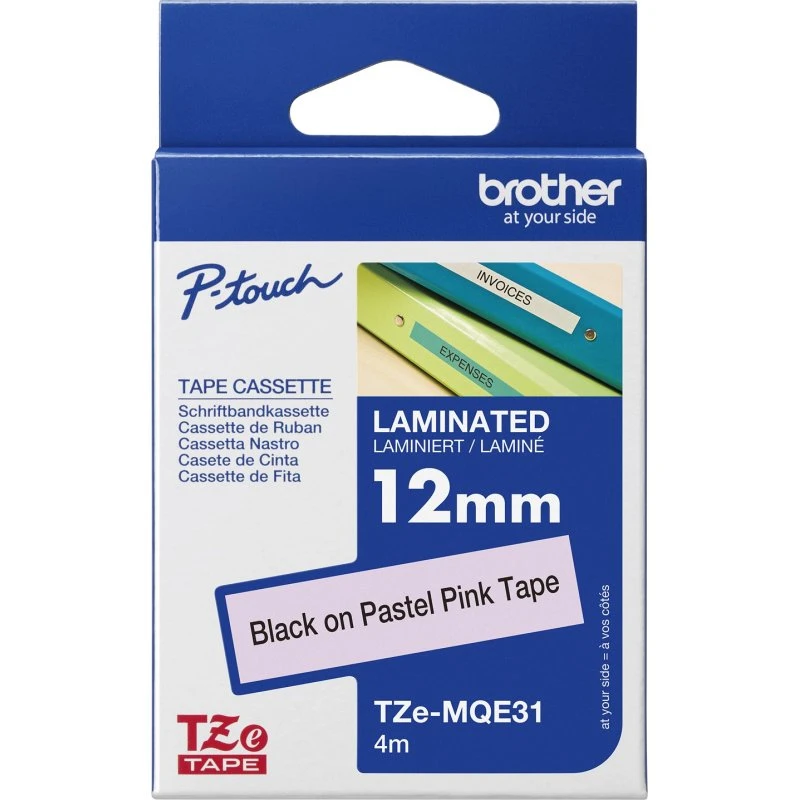 Brother TZe-MQE31 Lamineret Bånd 1,2 cm x 8 m Sort på Lyserød