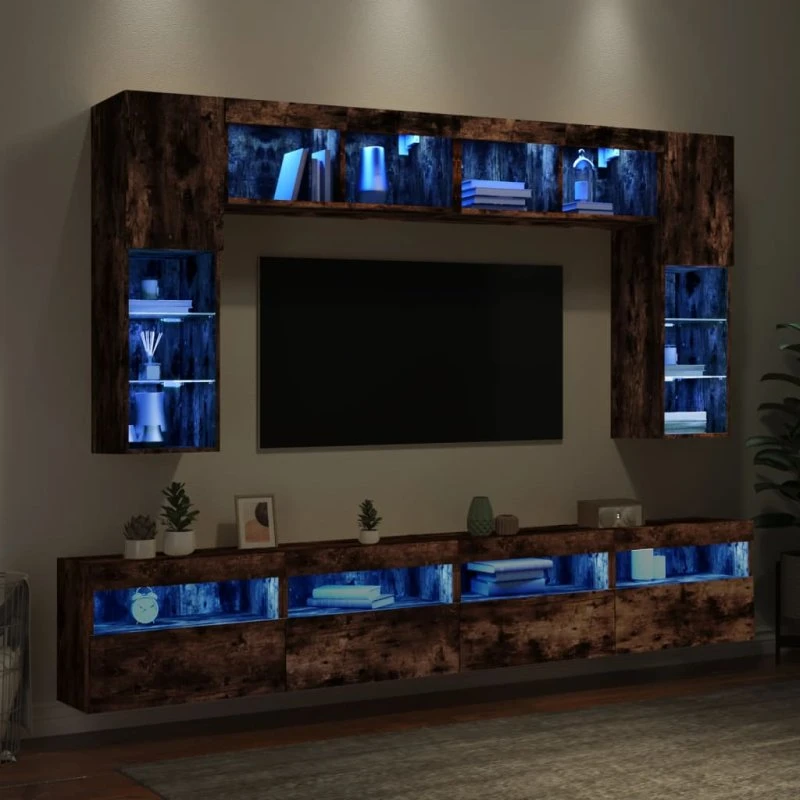 vidaXL Væghængt TV-møbel 8 dele med LED-lys, røget egetræsfarve