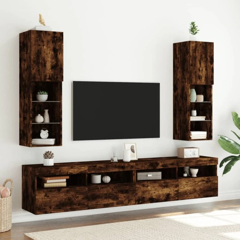 vidaXL tv-bord med LED-lys 30,5x30x102 cm røget egetræ