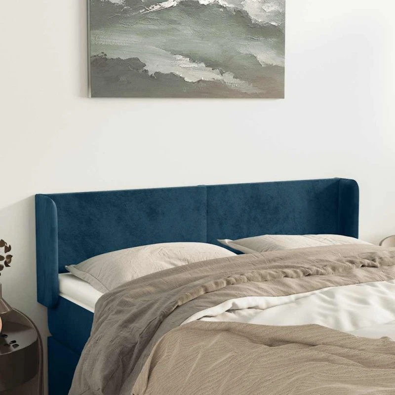vidaXL Sengegavl med Kanter 147x16x78/88 cm, Mørkeblå Fløjl
