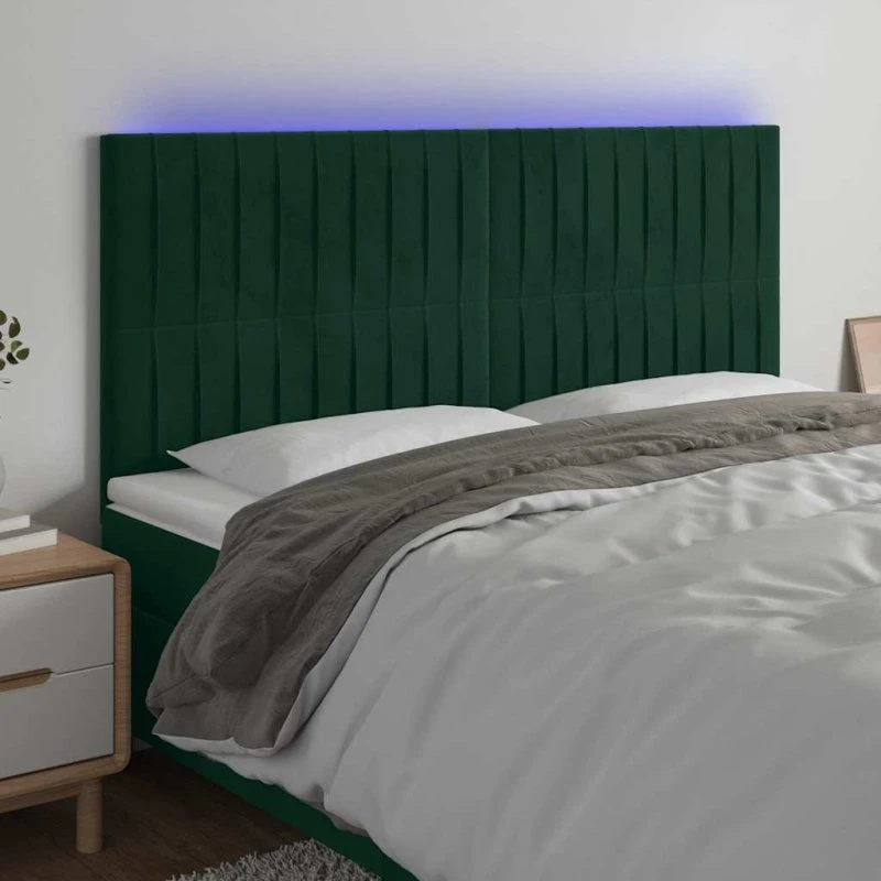 vidaXL Sengegavl med LED-lys 180x5x118/128 cm mørkegrøn fløjl