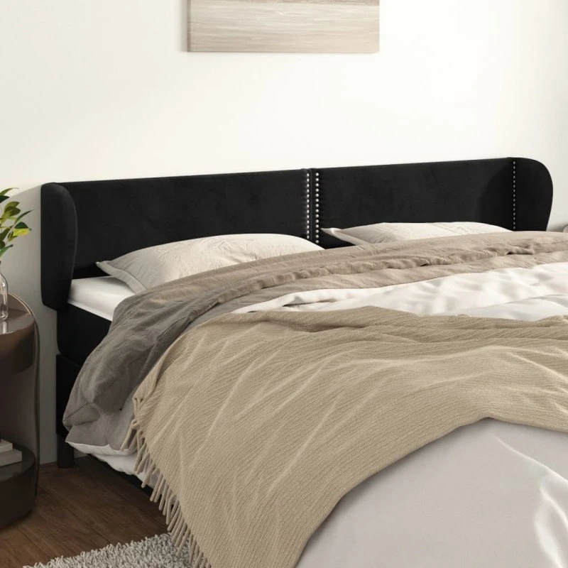 vidaXL Sengegavl med Kanter 203x23x78/88 cm, Sort, Fløjl