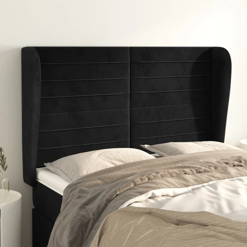 vidaXL Sengegavl med Kanter 147x23x118/128 cm, Sort, Fløjl
