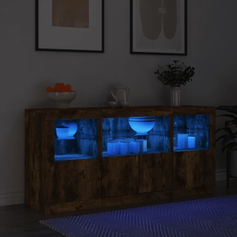 vidaXL Skænk med LED-lys 142,5x37x67 cm, røget egetræsfarve