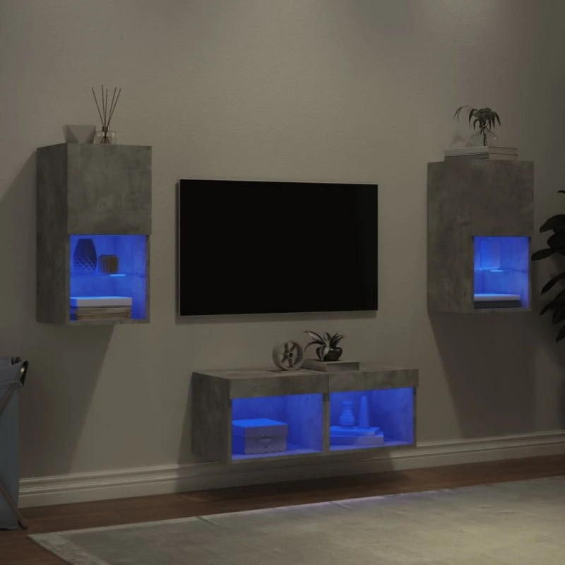 vidaXL Væg-TV-møbel med LED-lys, 4 dele, betongrå