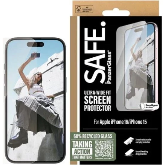 PanzerGlass SAFE. Ultra-Wide Fit Skærmbeskytter til iPhone 16/15