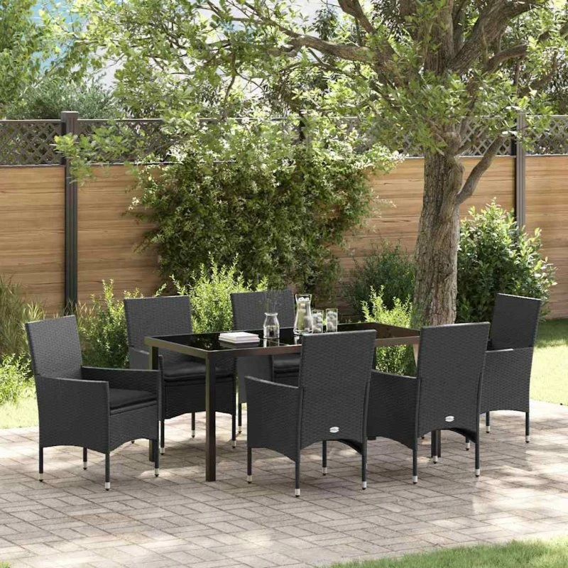 vidaXL Have Spisebordssæt 7 stk Sort Poly rattan med pude