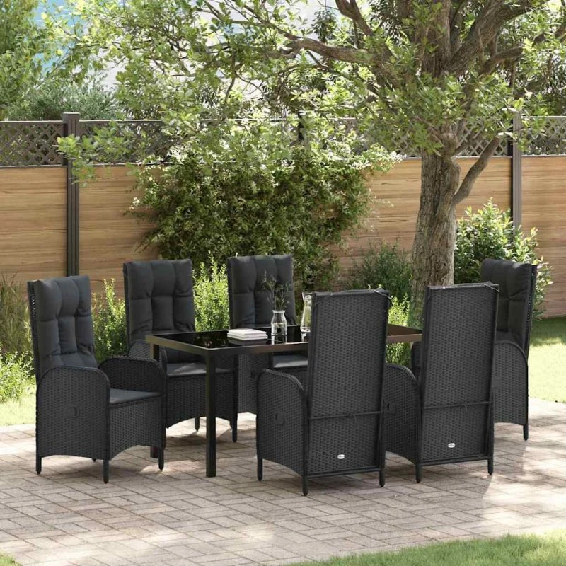 vidaXL Have Spisebordssæt 7 stk Sort Poly rattan med pude
