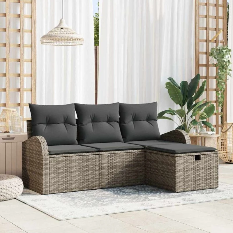 vidaXL Grå Poly Rattan Sofa Sæt 4-pces med Pude og Opbevaring