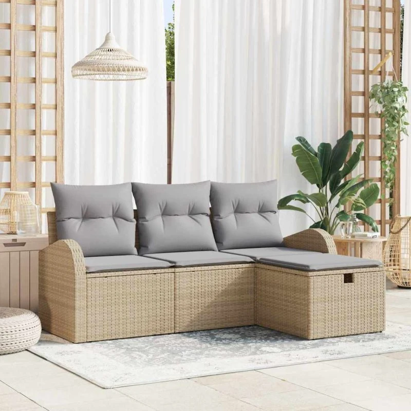 vidaXL 4-pces Havesofa Sæt med Pude, Beige og Lys Grå, Poly Rattan