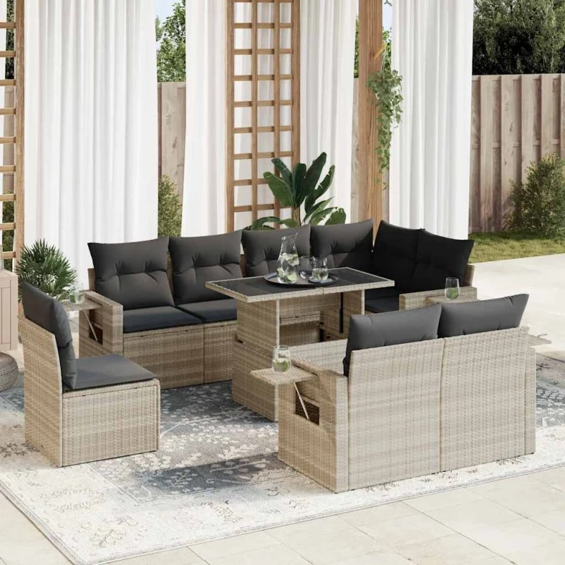 vidaXL 9-delssofasæt med hynder, polyrattan lysegrå