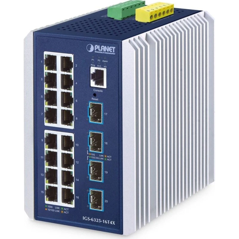 PLANET IGS-6325-16T4X Industriel L3 Switch – 16x Gigabit + 4x SFP+, Blå/Aluminium
