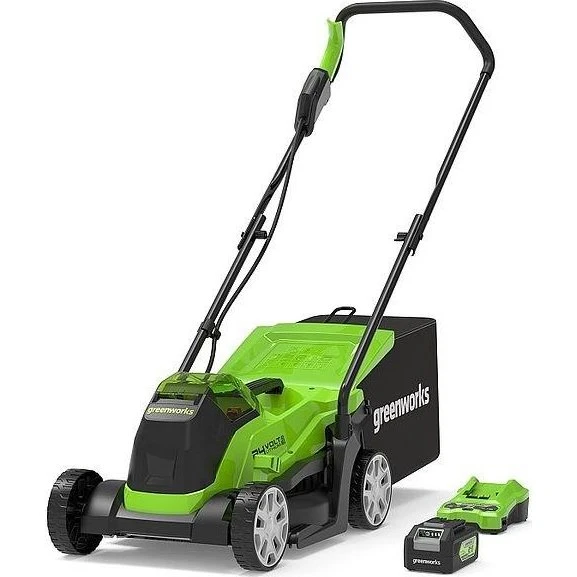 Greenworks GD24LM33K4 33 cm akkuplæneklipper med 24 V, 4 Ah batteri og oplader