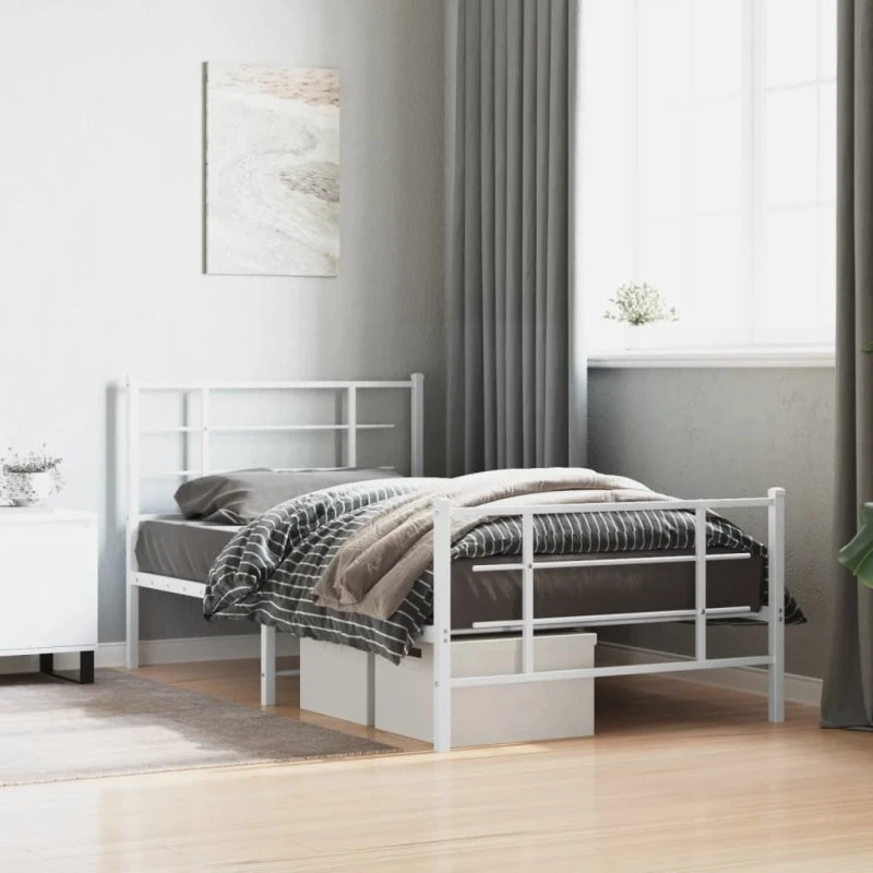 vidaXL Sengeramme 100x200 cm metal hvid med sengegavl og fodgærde