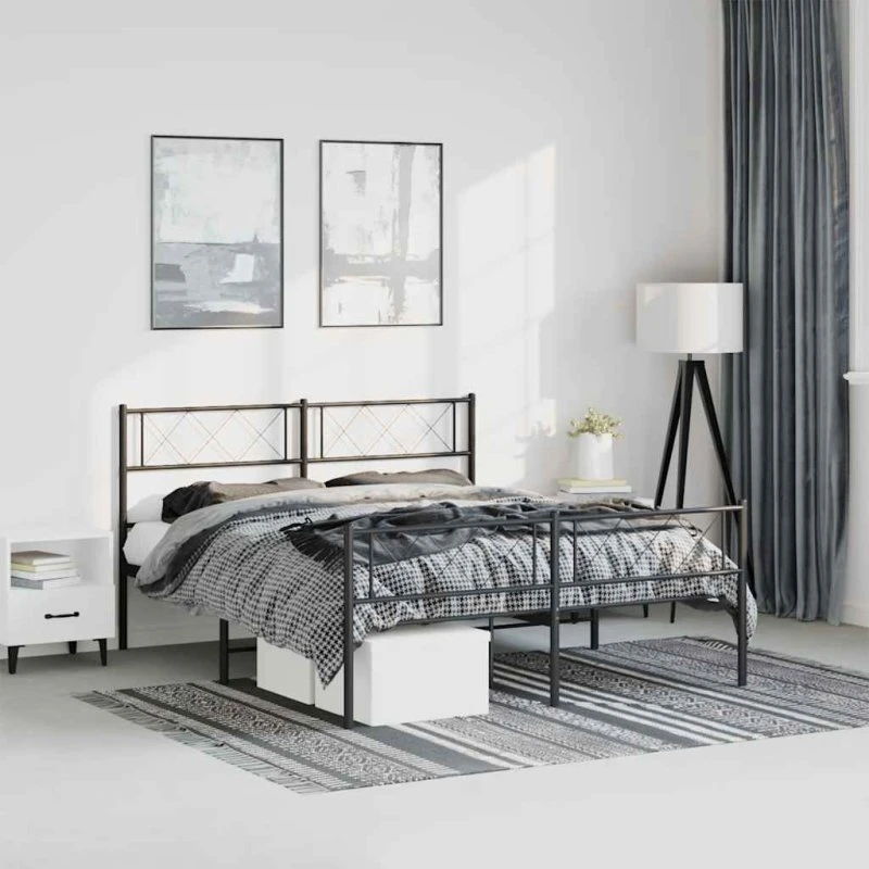 vidaXL Sengeramme 135x190 cm Metal Sort med Gavl og Fodgærde