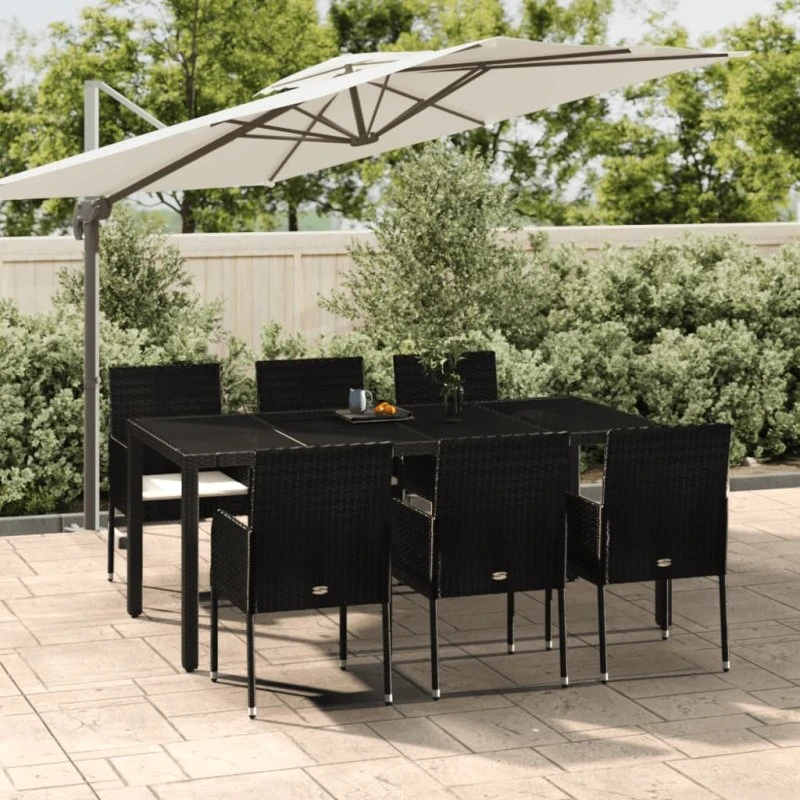 vidaXL 7-delers spisebordssæt med hynder, polyrattan, sort, 190 cm