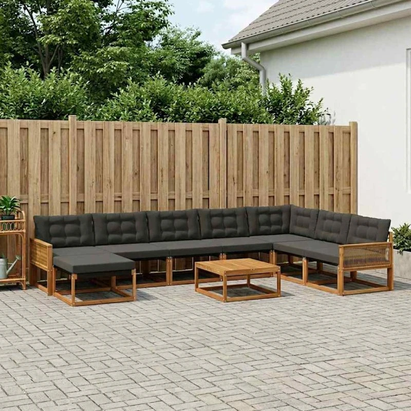 vidaXL Udendørs Sofagruppe 9 pcs Naturfarvet og Sort Massivt Akacietræ