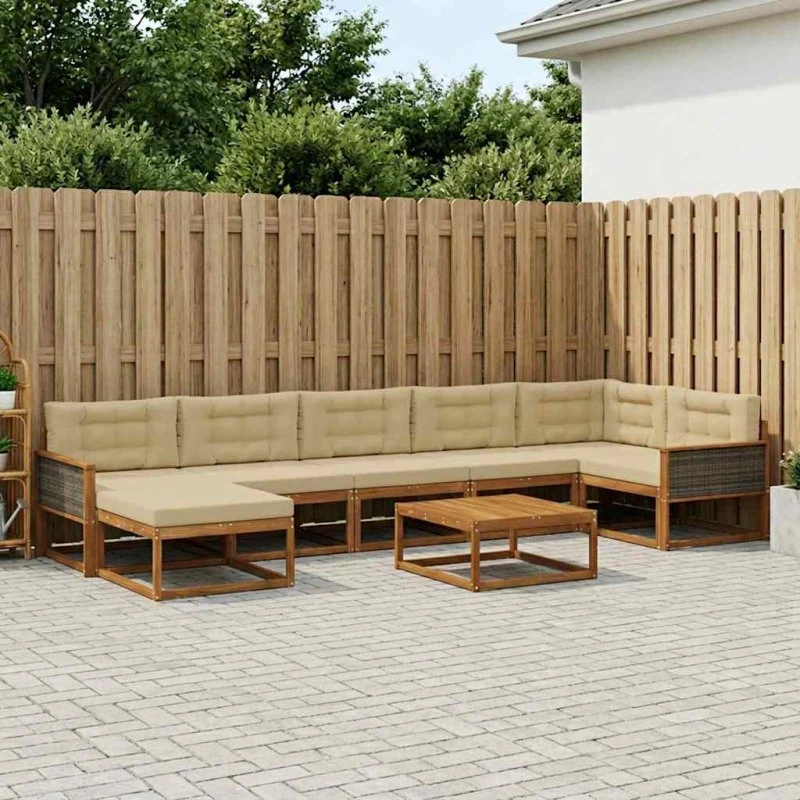 vidaXL Udendørs Sofagruppe 8 Del, Naturlig & Beige, Massivt Akacietræ