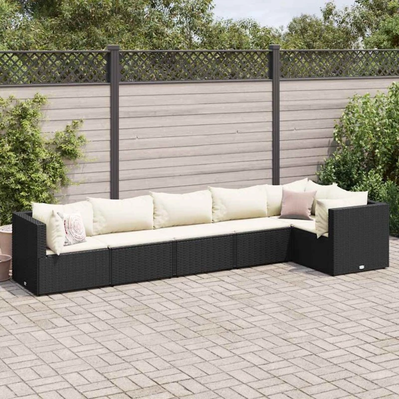 vidaXL 6-delers loungesæt med hynder i polyrattan, sort